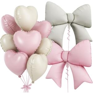 Cream Pink Heart Balloons, Pink Bow Balloons, 10Pcs 18 Inch Heart Shaped Balloon and 38 Inch Helium Bow Foil Balloon for Girl Women Birthday Valentine's Day Proposal Wedding Baby Shower Party Decor