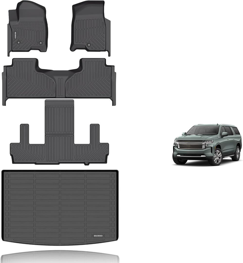 KELCSEECS Floor Mats & Cargo Liner Custom for 2021-2026 Chevrolet Suburban/GMC Yukon XL 7 Seats with 2nd Bucket Seats All Weather Protection TPE Liners Full Set Chevy Suburban Accessories Black