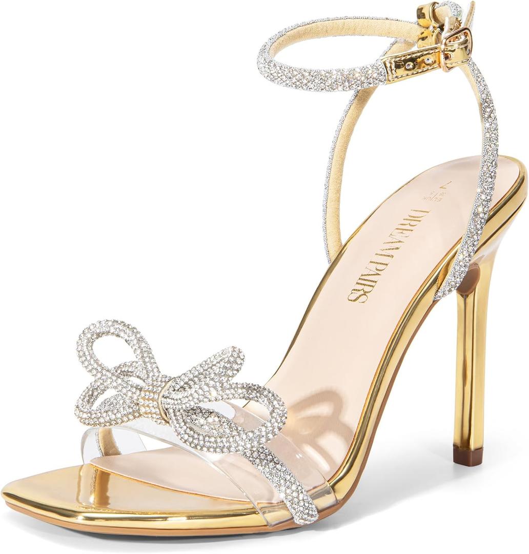 DREAM PAIRS Women's Double Bowknots Crystal Sandals Clear Slingback Heels Square Toe Shoes for Party Wedding (7.5, Gold-pat)