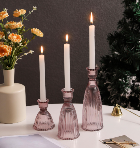 Vertical Stripe Candlestick Holders Set of 3, Premium Glass Candle Holders for Candlesticks and Taper Candles, Vintage Candle Holder Decor for Table Centerpiece, Pink 