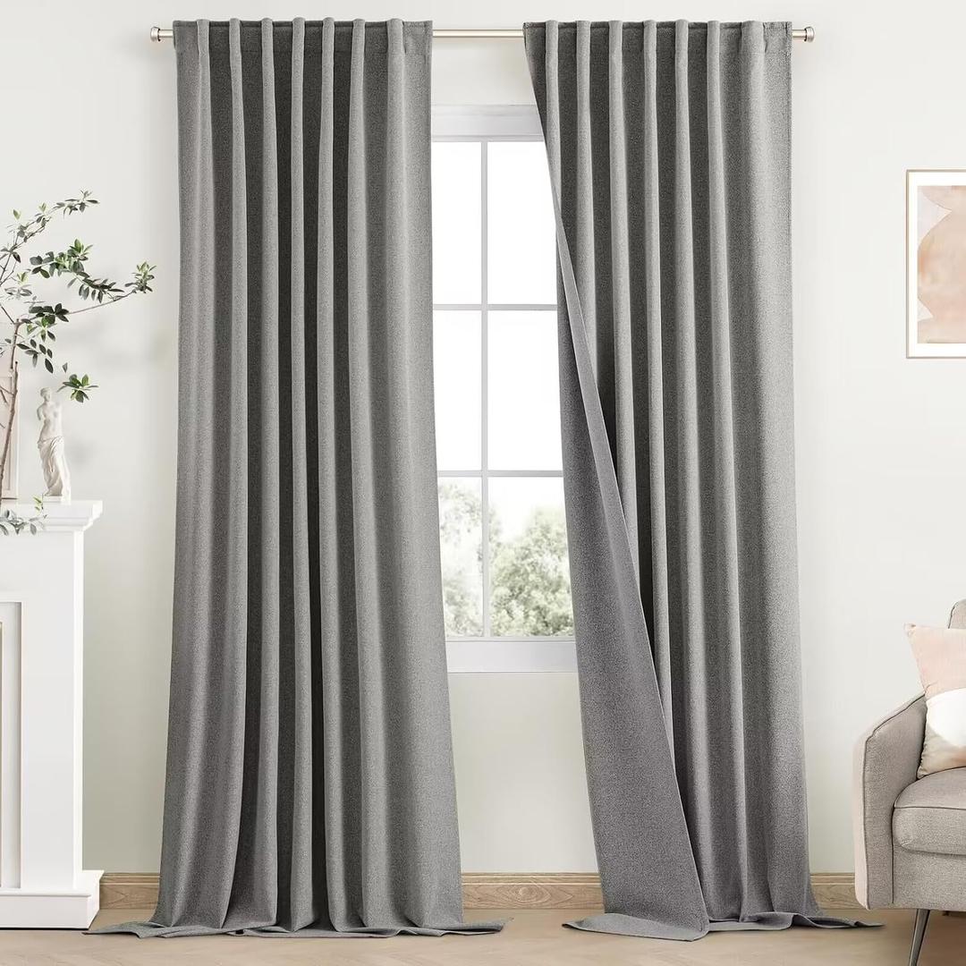 SimpleHome 100% Blackout Linen Grey Curtains 90 Inch Length,Farmhouse Back Tab Living Room Textured Rod Pocket Bedroom Curtains,2 Panels,52" W x 90" L