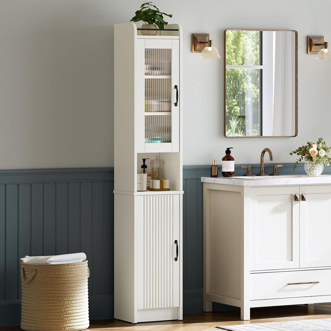 71" H Tall Bathroom Storage Cabinet, Narrow Bathroom Cabinet with Glass Door Slim Cabinet with Adjustable Shelf Skinny Linen Tower Thin Linen Storage for Small Space, Cream White, 12.40" W x 11.73" D x 71.26" H