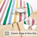 misaya Round Fitted Tablecloth with Elastic Edge, 100% Waterproof Oil Proof Plastic Table Cover, Vinyl Flannel Backed Tablecloth Fits 36"-44" Round Tables for Dinner, Outdoor, Picnic, Colorful Stripes