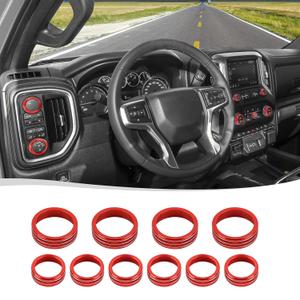 Voodonala for Silverado 2019 + Center Console Dash Switch Ring Cover Kits Compatible with Chevy Silverado 2019-2021(10pcs,Aluminum Alloy) (Red)