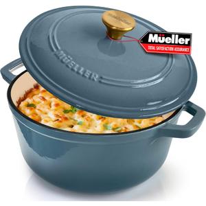 MUELLER HOME 6 Quart Enameled Cast Iron Pot Dutch Oven, Heavy-Duty, Oven-Safe up to 500 F & Across All Cooktops, Bread Pan with Lid & Knob, Cast Iron Cookware, Blue Kitchen Accessories, Mineral Blue