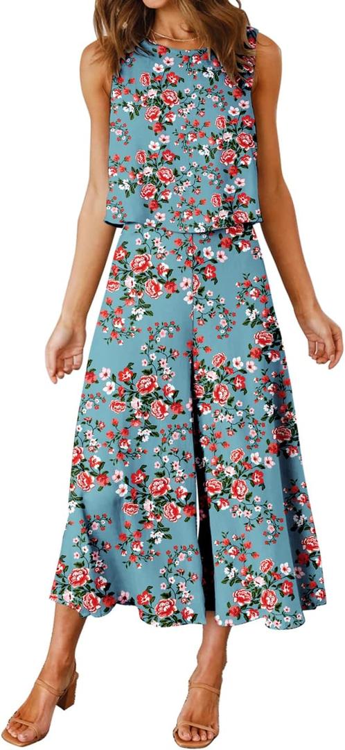 ROYLAMP Women's Summer 2 Piece Outfits Round Neck Crop Basic Top Cropped Wide Leg Pants Set Jumpsuits (Green Floral, L)