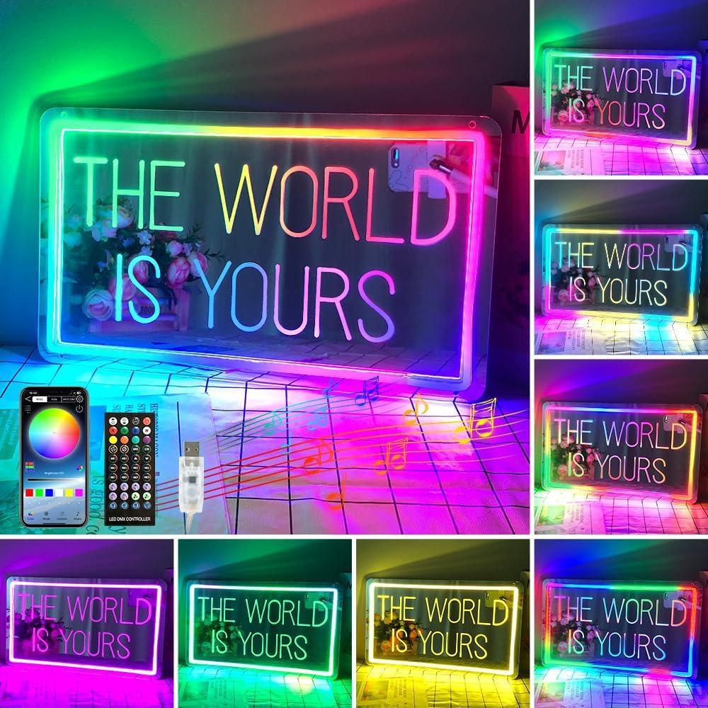 The World is Yours Neon Sign for Bedroom Game Room, Colorful Acrylic Neon Mirror World LED Light Up Signs with Remote, 200+ Colors, App Control, Music Sync, Birthday Gifts for Boys & Girls