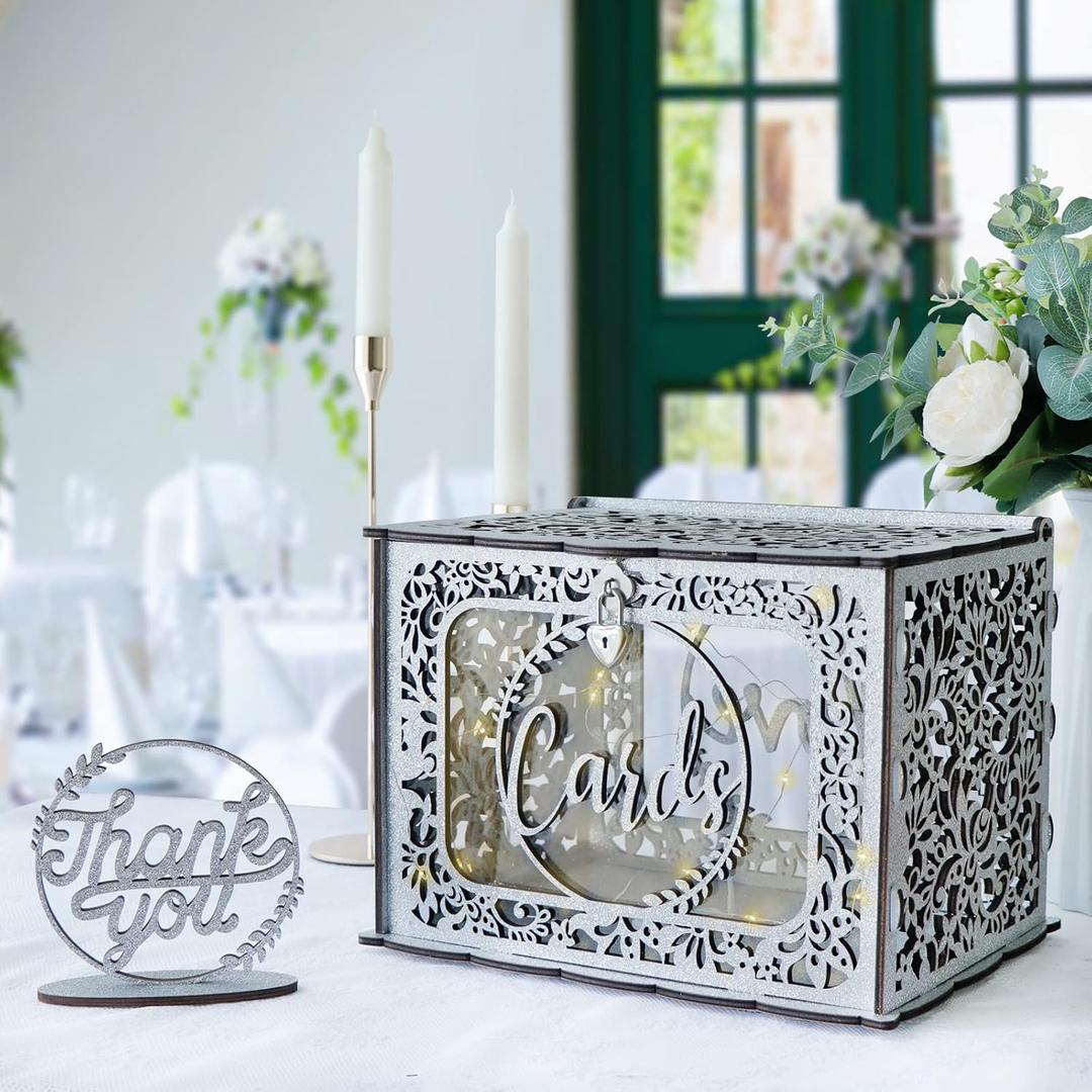 OurWarm Silver Wedding Card Box with Lock, Wooden Gift Card Box for Wedding Reception with Clear Window and Light, Wedding Envelope Money Card Box for Party Graduation Birthday Baby Shower Decorations