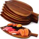 Rtteri 6 Pcs Acacia Wood Serving Trays 13" x 5.5" Novelty Leaf Shaped Wooden Dinner Plates for Snacks, Cookies, Fruits Cheese Display Food Dish Home Office
