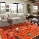 CRYPTOLITE Area Rug 8x10, Washable Large Rugs for Living Room, Non Slip 0.27″ Low Pile Vintage Floral Large Carpet for Bedroom, Living Room, Dining Room, Kids Playroom (Orange)