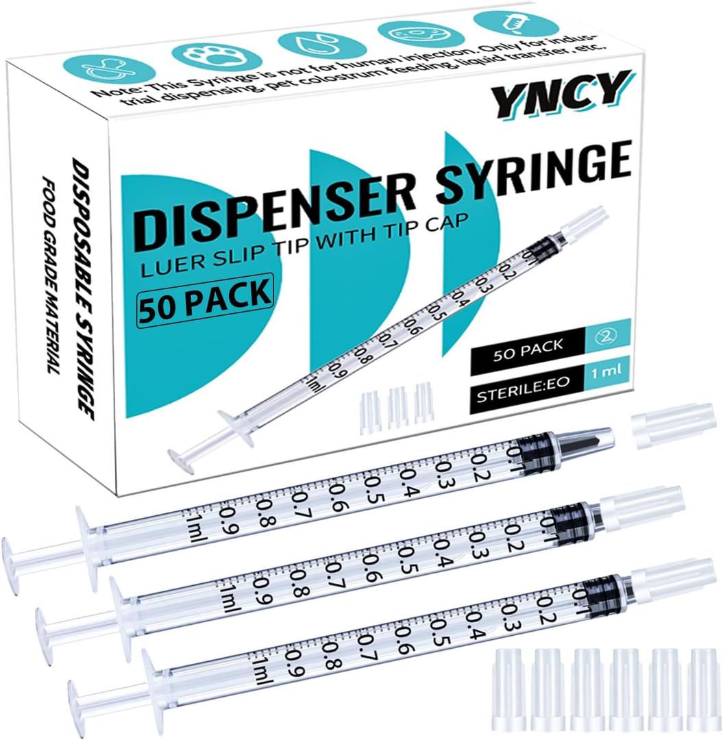 1ml Syringes with Cap, Luer Slip Tip, Whole Pack Bulk Sterile Sealed, No Needle (50 pcs)