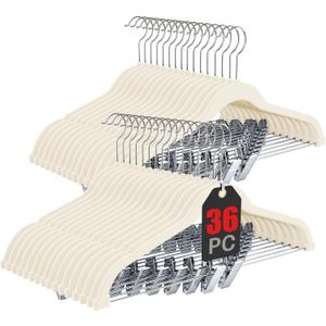 Korpai 36-Pack Beige Velvet Hangers with Clips Adjustable,Adult Hangers,Outfit Hanger,Heavy-Duty,Felt,Non-Slip,Space Saving, for Pants, Skirts, Suits,Coats, Dresses ect.