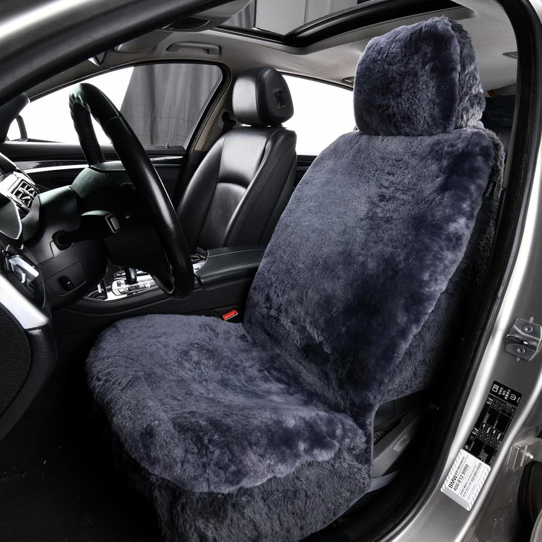 1PC Front Bucket Genuine Sheepskin Car Seat Cover Lambskin Winter Car Seat Cushion Lambs Wool Sheep Skin Fuzzy Seat Cover Shearling Car Accessories for SUVs, Saloons and Trucks (Grey)