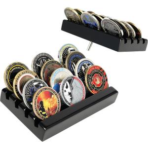 Challenge Coin Holder Display Case 4 Row Solid Wood Military Coin Rack Small Army Coin Stand Holds 12 Coins, Black Finish