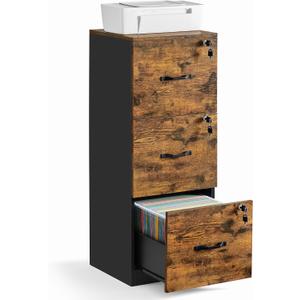 VASAGLE 3-Drawer Vertical File Cabinet, Filing Cabinet for Home Office, Printer Stand, with 3 Lockable Drawers, Adjustable Hanging Rail, for A4 and Letter-Size Files, Rustic Brown and Black UOFC055B01