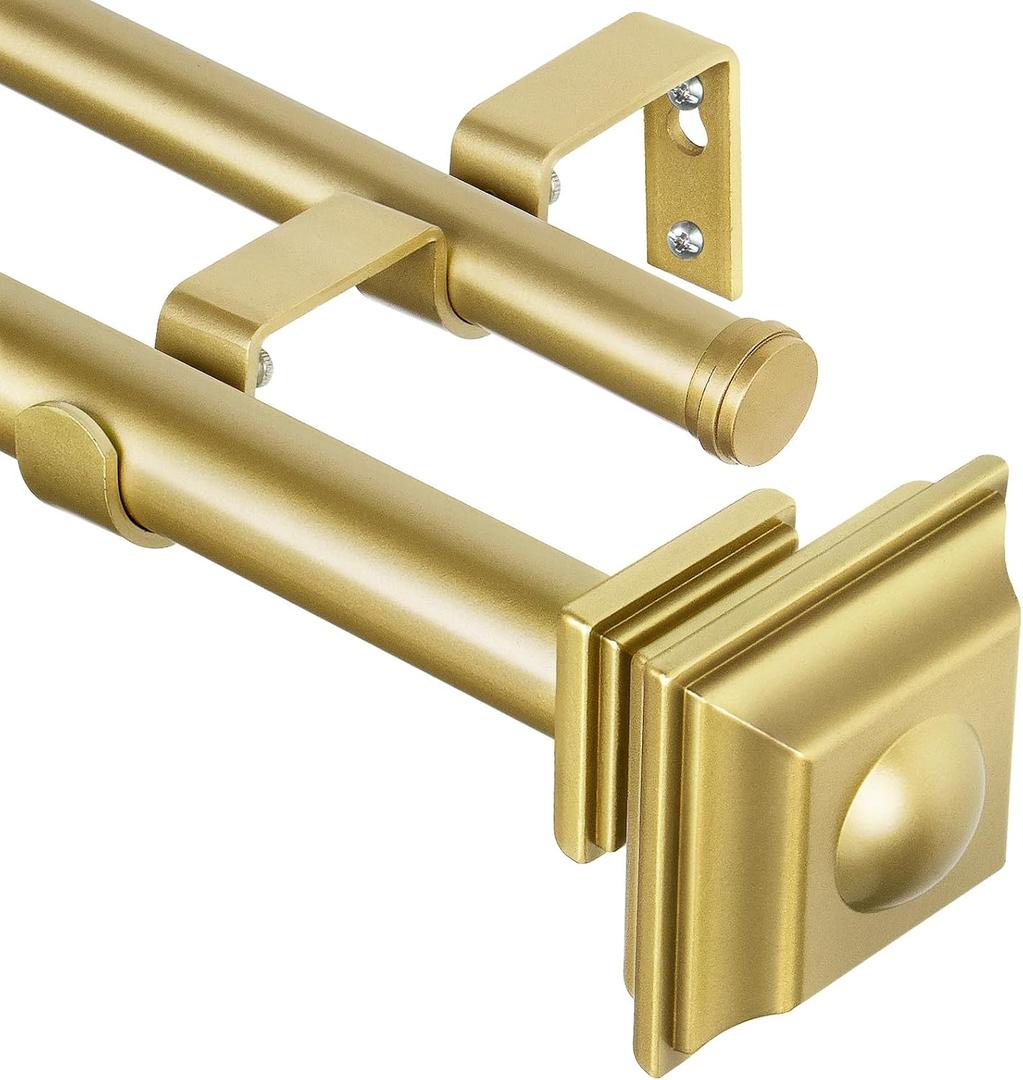 KAMANINA 1 Inch Double Curtain Rods 72 to 144 Inches (6-12 Feet) Telescoping Gold Curtain Rod for Windows 69 to 140 Inches, Long Drapery Rods with Square Finials
