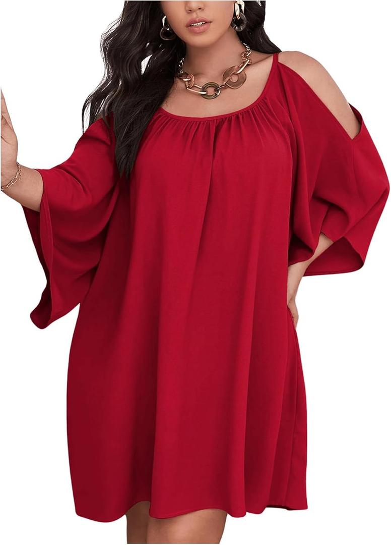 SOLY HUX Women Plus Size Summer Dress Cold Shoulder Short Sleeve Casual Loose Short Dresses (Plain Red, XL)