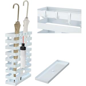 Umbrella Stands for Entryway Large Metal Umbrella Holder with Removable Water Tray and Hooks Decor Freestanding Rectangular Umbrella Hollow Rack for Home Office (White, 3.94 x 11.81 x 16.93 Inch)