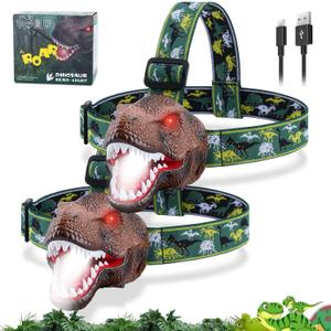 Dinosaur Headlamp for Kids Flashlight 2 Pack, Rechargeable Led Headlights Roar & Silent Mode, T-Rex Dinosaur Toys 3-5 4-6 5-7 6-8, Camping Gear, Easter Gifts for Boys Girls Adults (Dark Brown-2PK)
