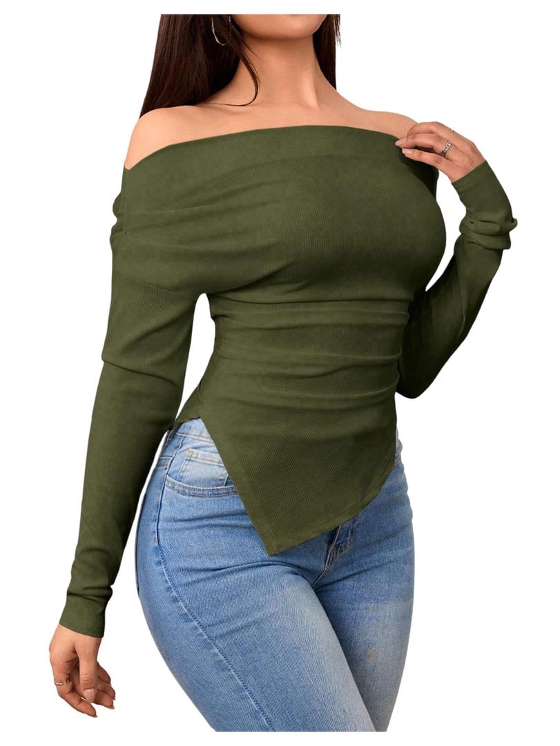 SOLY HUX Women's Off The Shoulder T Shirt Long Sleeve Asymmetrical Ruched Fitted Tee Going Out Tops Pure Army Green Large (Green, L)