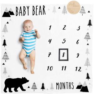 Organic Baby Monthly Milestone Blanket Boy - Baby Bear Blanket Months with Frame and Newborn Announcement Disc - Baby Boy Age Blanket for 1-12 Month Milestones, 47x47 (Black, White, Grey)