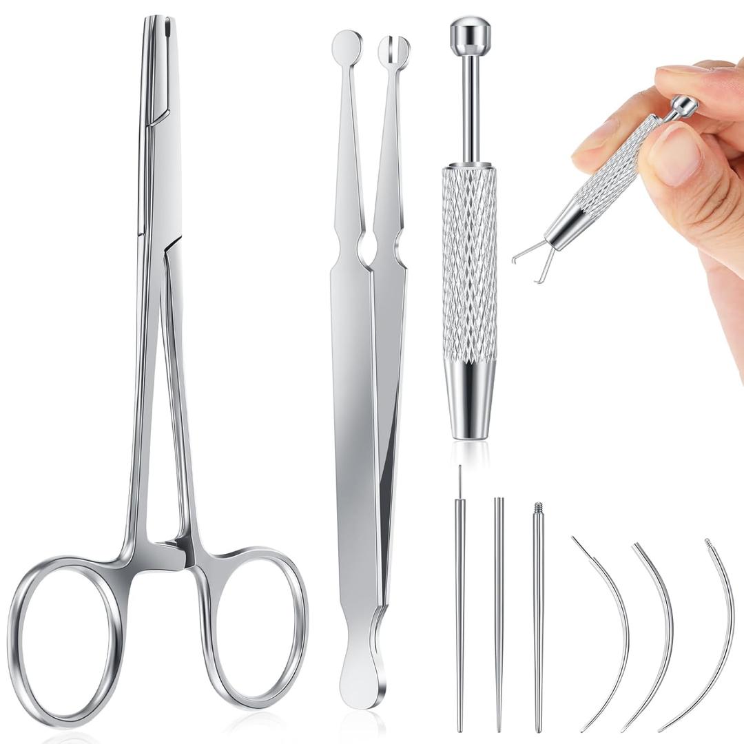 9pcs Kit Stainless Steel Piercing Ball Grabber Tools/ 3mm Piercing Ball Screw Removal Tool/Reusable Bead Clamping Assistant Tool for Changing Jewelry/ 16g 18g Straight & Curved Piercings Taper