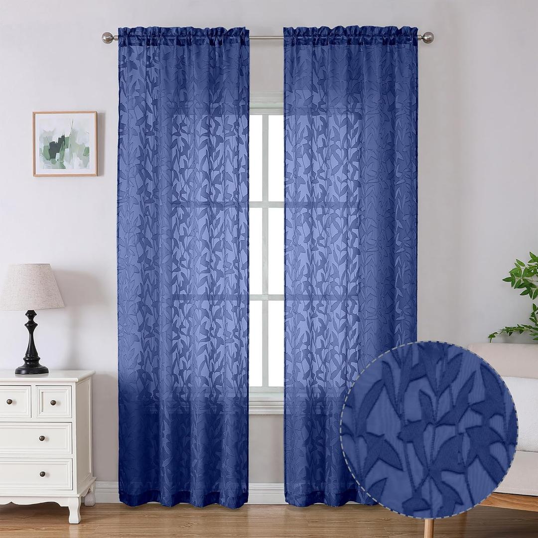 Lecloud Leia Dusty Blue Sheer Curtains 96 Inches Long 2 Panels, Jacquard Textured Airy Semi Sheer Voile Drapes, Rod Pockets Farmhouse Living Room Bedroom Window Treatments, 40 W x 96 L