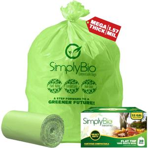 Simply Bio 30-33 Gallon Compostable Trash Bags Liners Flat-Top, Heavy Duty Extra Thick 1.57 Mil, 124.92 Liter, 30 Bags, Lawn, Yard, and Restaurant Use, ASTM D6400, US BPI, OK Compost Home Certified