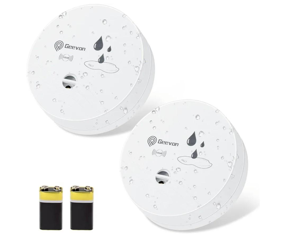Geevon 2 Pack Water Leak Detectors, 100dB Water Sensor Alarms Flood Detector for Basements, Bathrooms, Laundry Rooms, Kitchens, Garages, and Attics, Water Alarms Battery-Operated (Battery Included)