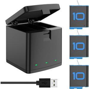 Rechargeable Battery Charger for GoPro Hero9/10 Camera + 3 Pack Enduro Batteries (HERO10 Black/HERO9 Black), 2200mAH