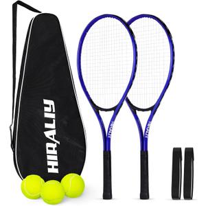 HIRALIY 27" Tennis Rackets Set for Adults, 2 Player Pre-Strung Tennis Racquets, 2 Overgrip Tapes,3 Balls, and 4 Carrying Bag, Outdoor Recreational Sport for Beginner, Men, Women (Blue)