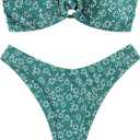 ZAFUL Women's Bandeau Bikini O Ring Strapless Tie Back High Cut Two Piece Swimsuit Bathing Suits (5-Floral Green, S)