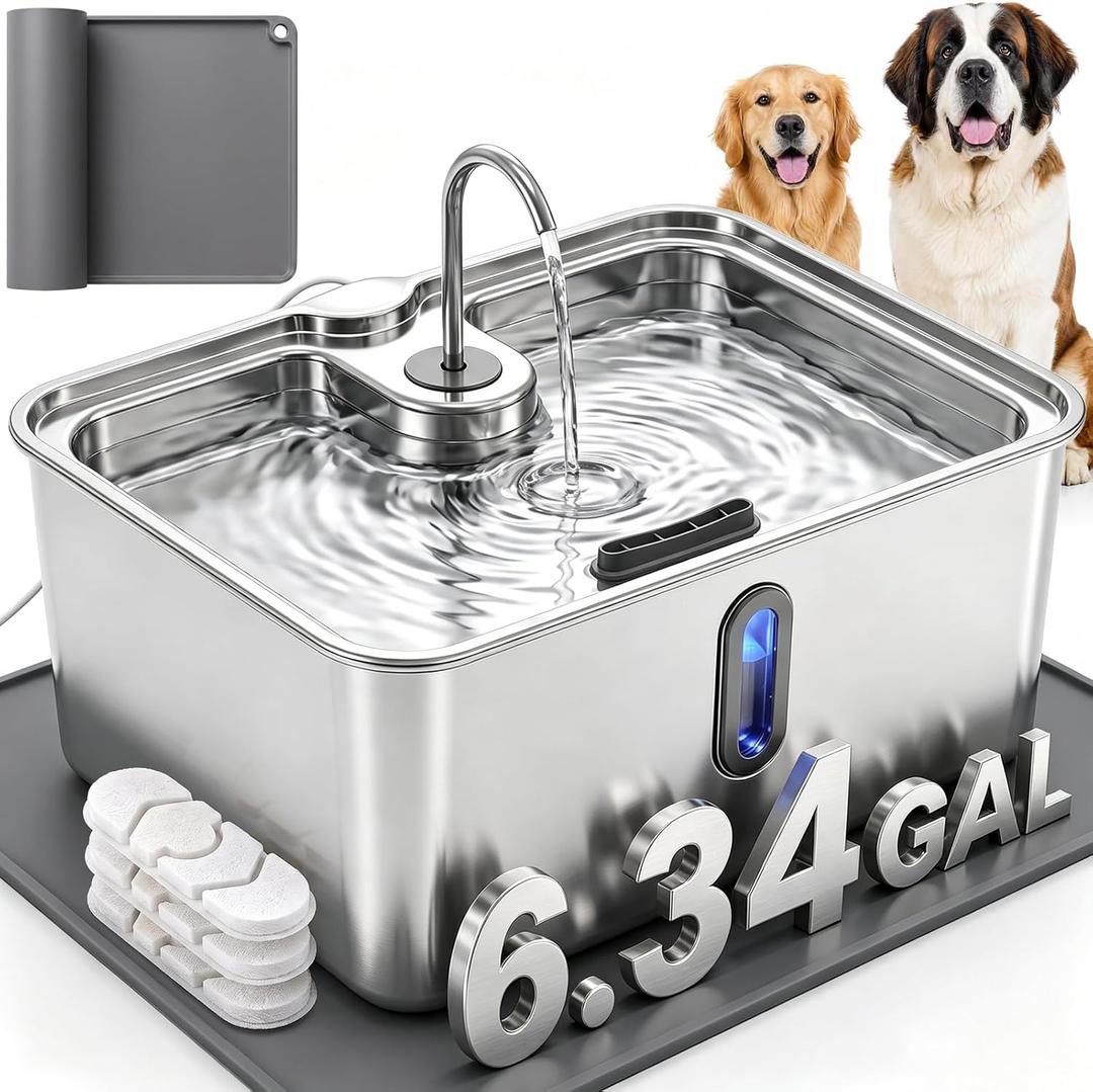 6.34Gal/24L Mega-Capacity Dog Water Fountain for Large & Multi Dogs, Silver