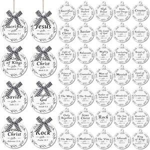 36 Pcs Names of Jesus Christ Christmas Ornament Set Wood Jesus Christmas Ornaments Hanging Religious Wood Christmas Decorations Mini Buffalo Plaid Bows for Christmas Tree Car Home Decor (Black, White)