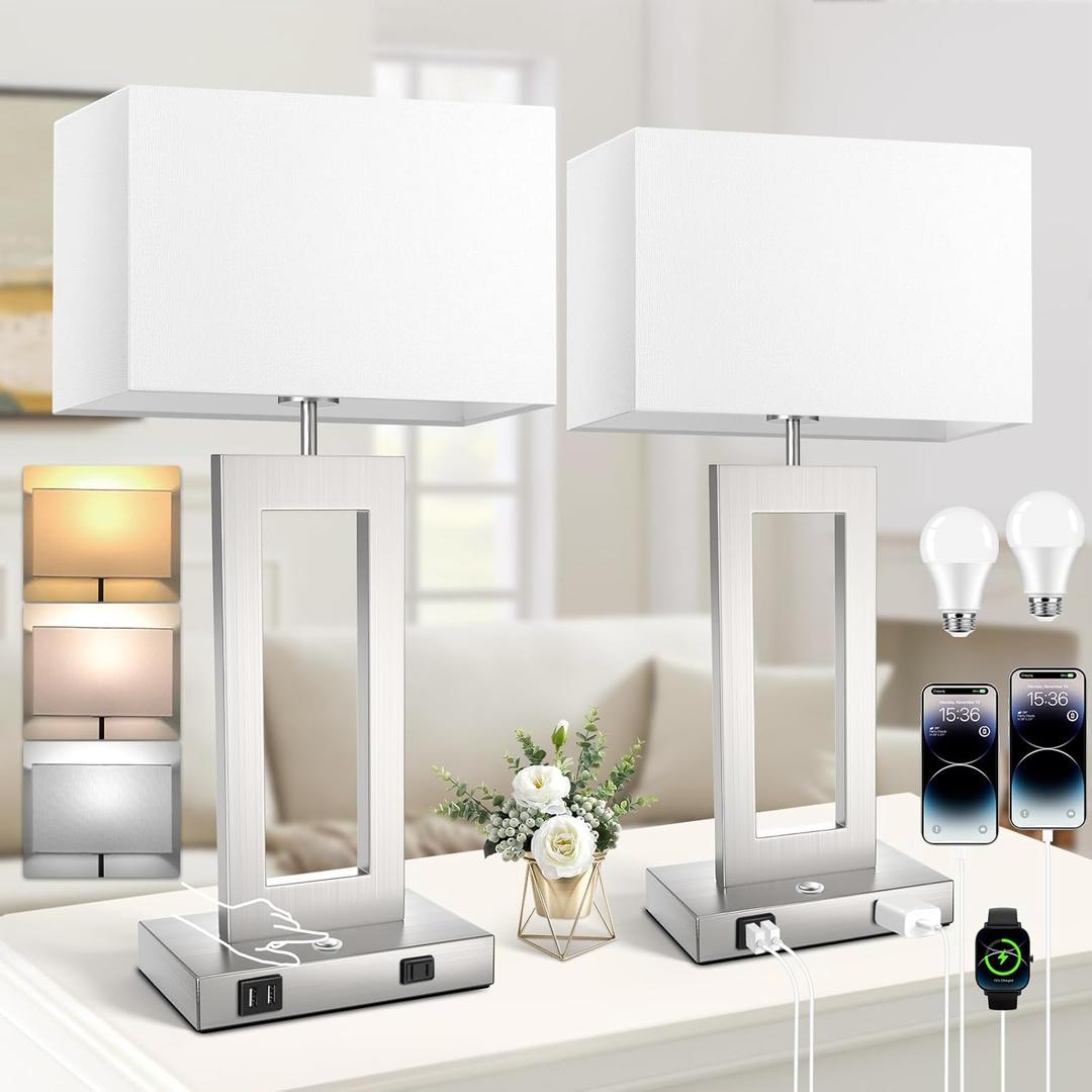 22 Touch Control Table Lamps Set of 2, 3 Color Temperatures Bedroom Bedside Lamps, Modern Silver Dimmable Lamps with USB Ports & AC Outlet, Tall Living Room Lamps for Nightstand End Table, 2 Bulbs (Large)