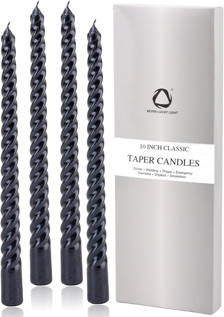 SEVEN LUCKY LIGHT 10 Inch Spiral Black Taper Candles Set of 4, Metallic Finish Dripless Candlesticks, 8+ hrs Smokeless Clean Burning for Halloween, Home, Dinner, Wedding & Church Decor