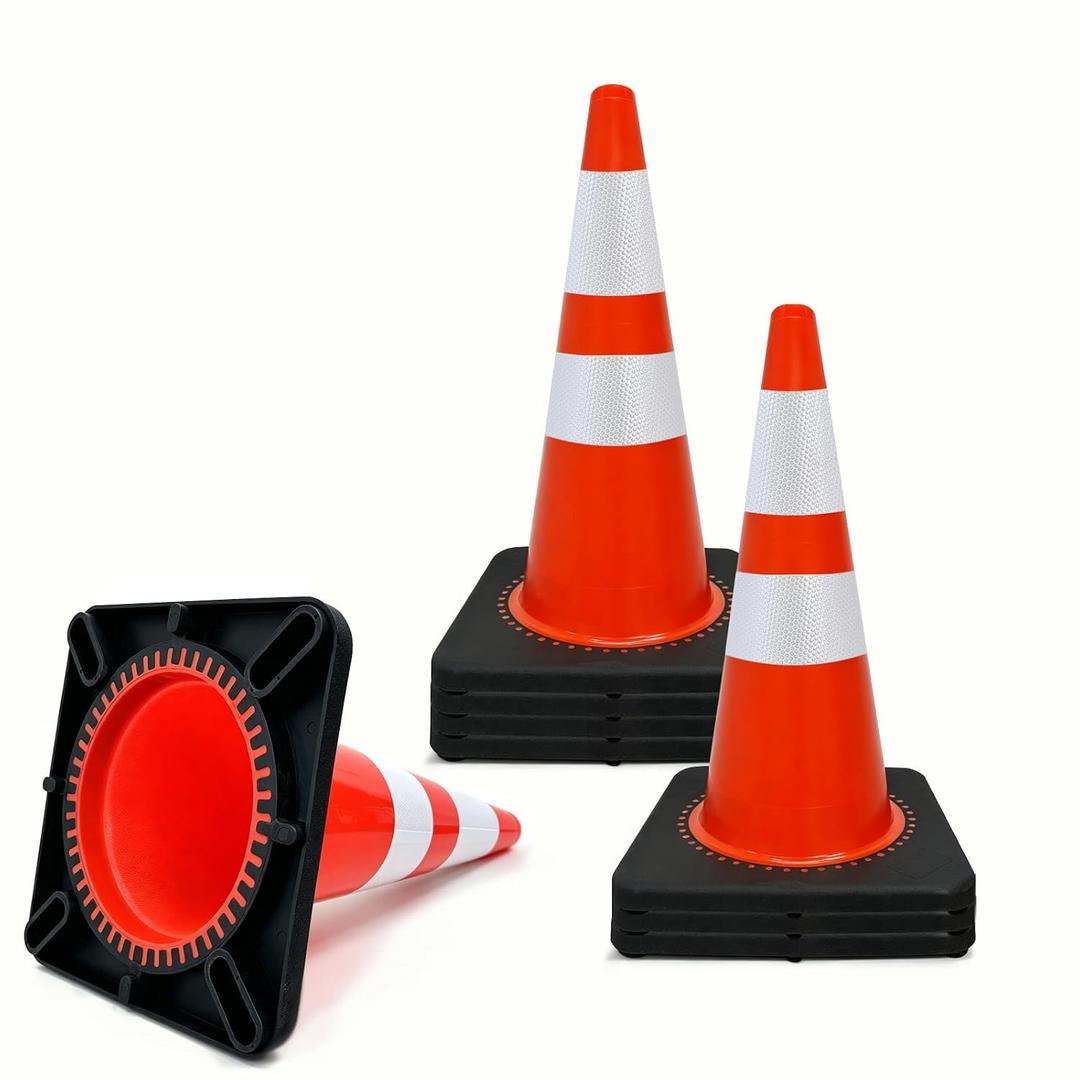 28 Inch Traffic Cones 8 Pack, Orange PVC Safety Cones with High-Visibility Reflective Collar, Reinforced Heavy Rubber Weighted Base Construction Cones for Road, Driveway, Parking & School