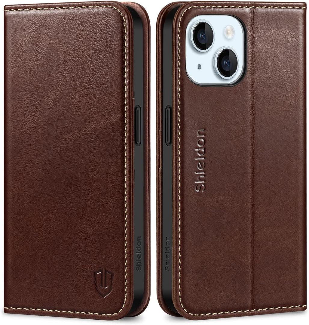 SHIELDON Case for iPhone 15 5G 2023, Genuine Leather Folio Wallet Magnetic Kickstand RFID Blocking Card Slots Shock-Absorbent Phone Cover Compatible with iPhone 15 (6.1 Inch) - Retro Coffee