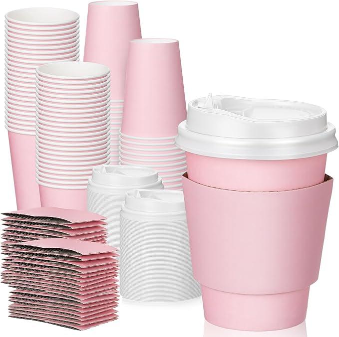 Patelai 100 Pcs 12 oz Disposable Coffee Cups with Lids and Sleeves Bulk, Insulated Hot Chocolate Paper Cup for Hot and Cold Beverage Water Juice Cocoa Tea Party Restaurants Travel Supplies (Pink)