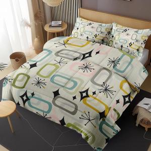 Retro Mid Century Diamond Queen Comforter Set, Atomic Starburst Modern Bedding Set 3 Piece, All Season Soft Children Adults Bedroom Bed Decoration Comforter and 2 Pillow Shams