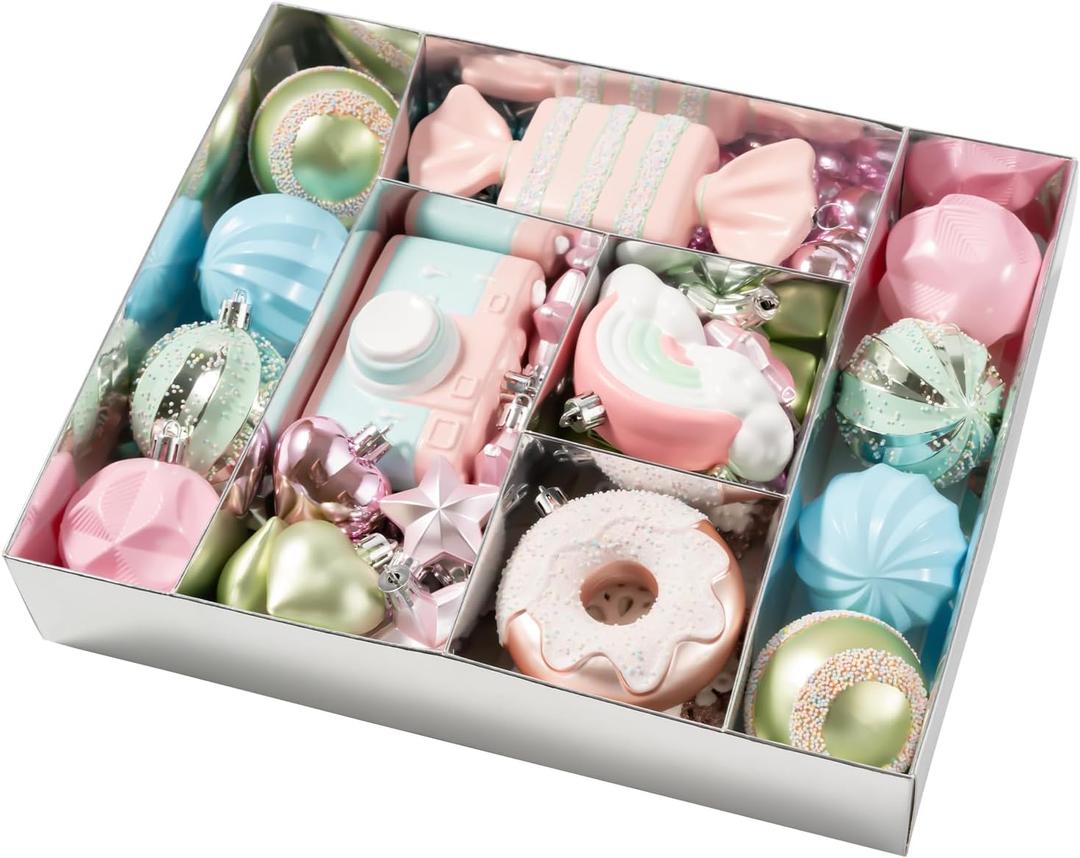 58PCS Pastel Christmas Ornaments Set, Assorted Colorful Candy Doughnut Christmas Balls Ornaments, Shatterproof Macaron Xmas Baubles Hanging Decorations for Christmas Tree/Party/Holiday (Style 2)