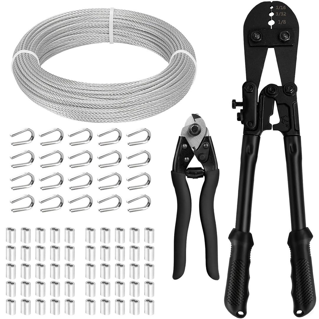 TooTaci 1/8 Stainless Steel Cable, 100ft 1/8 Wire Rope with Wire Rope Crimping Tool and Cutter, 77 Strands Aircraft Cable for Deck Railing, Clothesline, Shade Sails, String Light