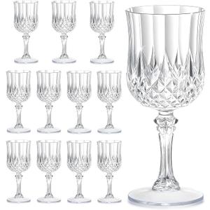 7OZ Plastic Glasses, Disposable Goblets Drinking Glasses Crystal Vintage Water Cups Unbreakable Champagne for Valentines Day, Wedding, Parties (12, Clear) (Transparent)