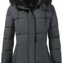 ASPO Women's Winter Warm Coats Waterproof Thick Fleece Lined Down Puffer Jacket 5 Pockets Long Parka Faux Fur Detachable Hood Dark Grey S 