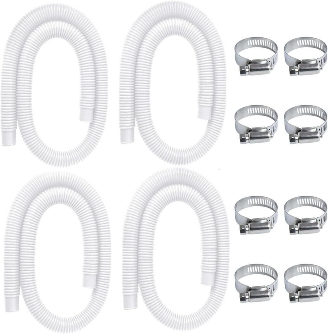 Pool Pump Replacement Hose for Above Ground Pools, 4 Pack 1.25 x 59 Inch Filter Pump Hose, Compatible with Intex Filter Pump 607, 637, 330GPH, 530GPH, 1,000GPH, Includes 8 Metal Clamps, White