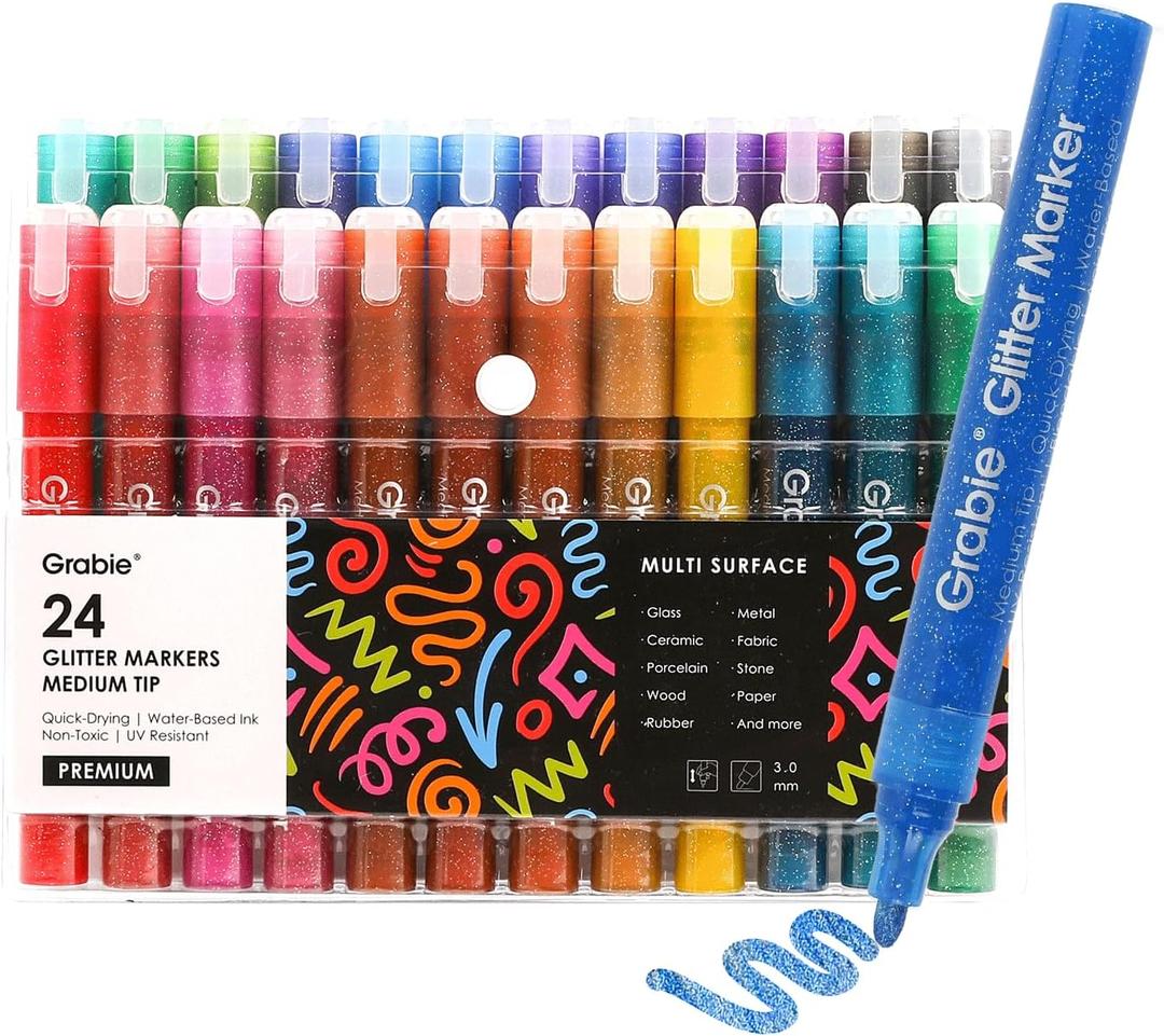Grabie 24 Glitter Metallic Markers, Medium Tip Glitter Acrylic Paint Markers, Quick-Drying Water-based Ink Glitter Pens for Adults, DIY Crafts Making
