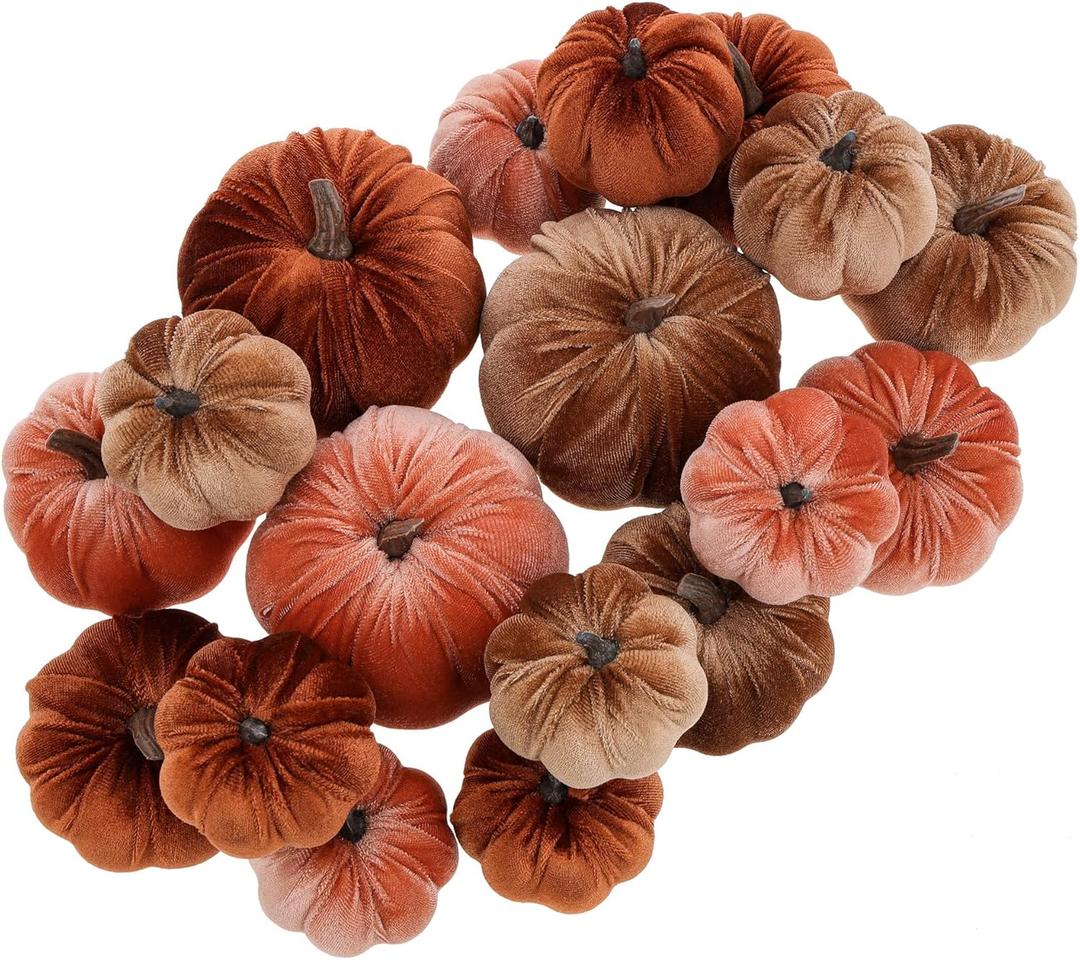 Woration 18pcs Fake Artificial Velvet Pumpkin Fall Decoration 3 Size Faux Foam Fabric Pumpkins Halloween Decor for Home Farmhouse Harvest Thanksgiving - Brown Series (Watermelon Red & Maroon Color & Coffee Color)