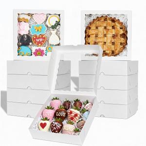 50pcs 9x9x2.5 Inches White Bakery Boxes - Cookies, Pie, Chocolate Covered Strawberries, Breakable Heart, Charcuterie Boxes for Valentine's & Christmas