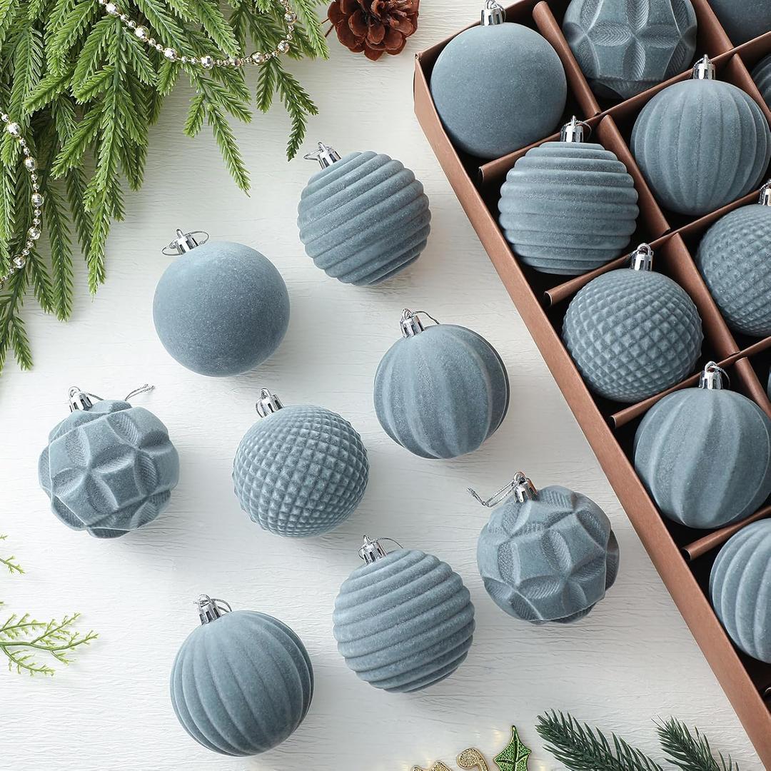 Menkxi 24 Pcs Dusty Blue Velvet Christmas Balls Ornaments 2.76 Inch Flocked Christmas Tree Decorations Plastic Blue Xmas Hanging Ornaments for Holiday Party Decorations