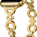 TAURI Metal Band Designed for Apple Watch Bands 44mm 45mm 46mm 49mm, Adjustable Bling Diamonds Strap Fashion Cute Double Chain Thin Bracelet for iwatch 10/ 9/ 8/ 7/ 6/ 5/ 4/ SE/ Ultra, Women- Gold